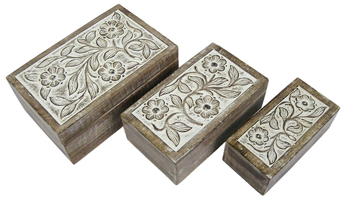 Mango Wood Set Of 3 Boxes Burnt White Finish